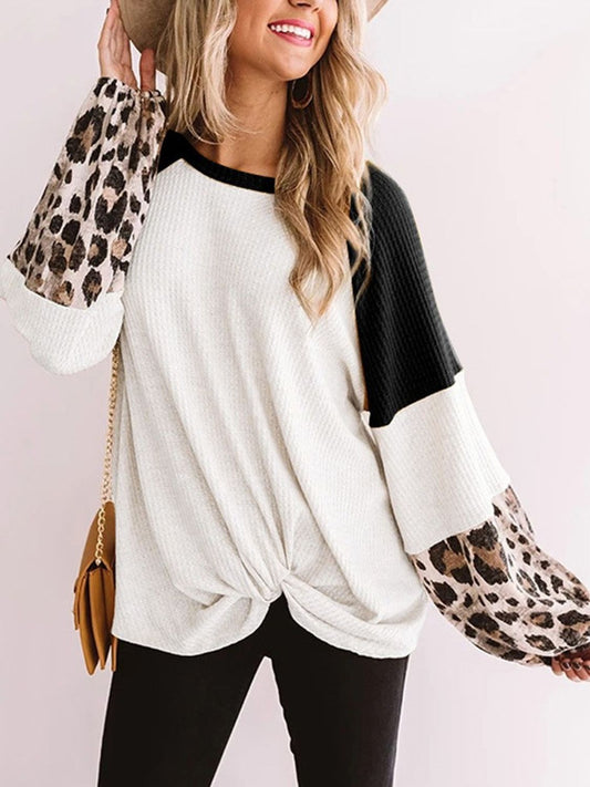 Twisted Color Block Round Neck Long Sleeve T-Shirt