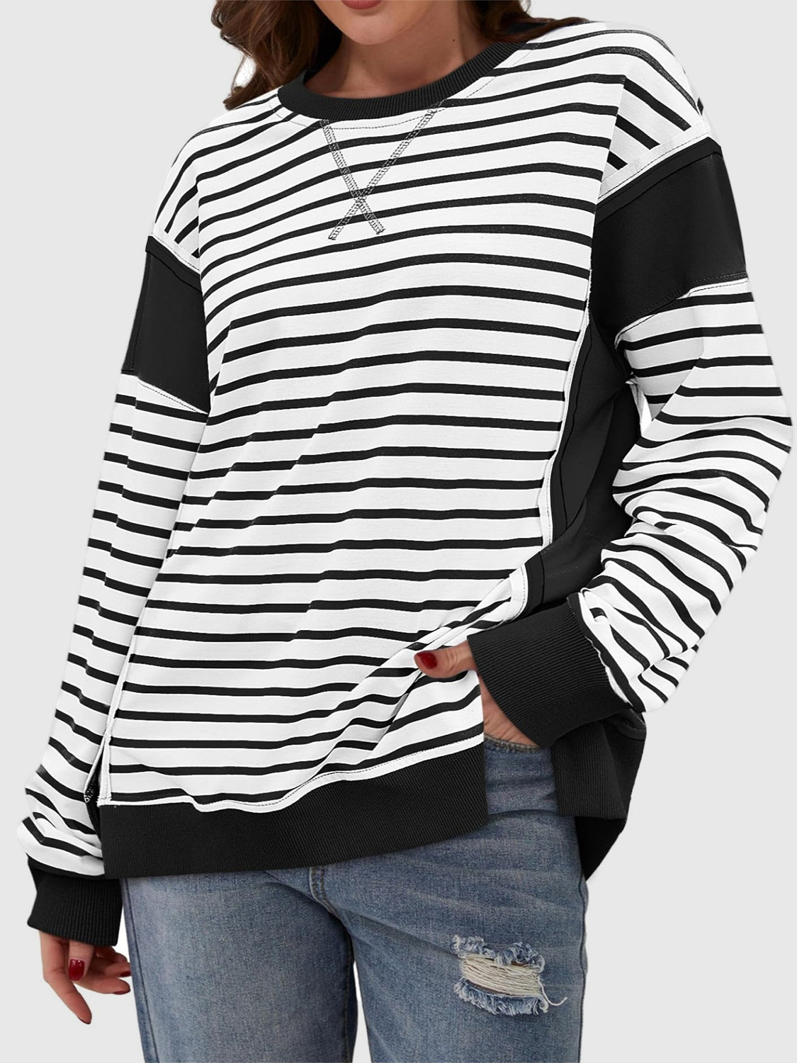 Slit Exposed Seam Striped Long Sleeve Sweatshirt