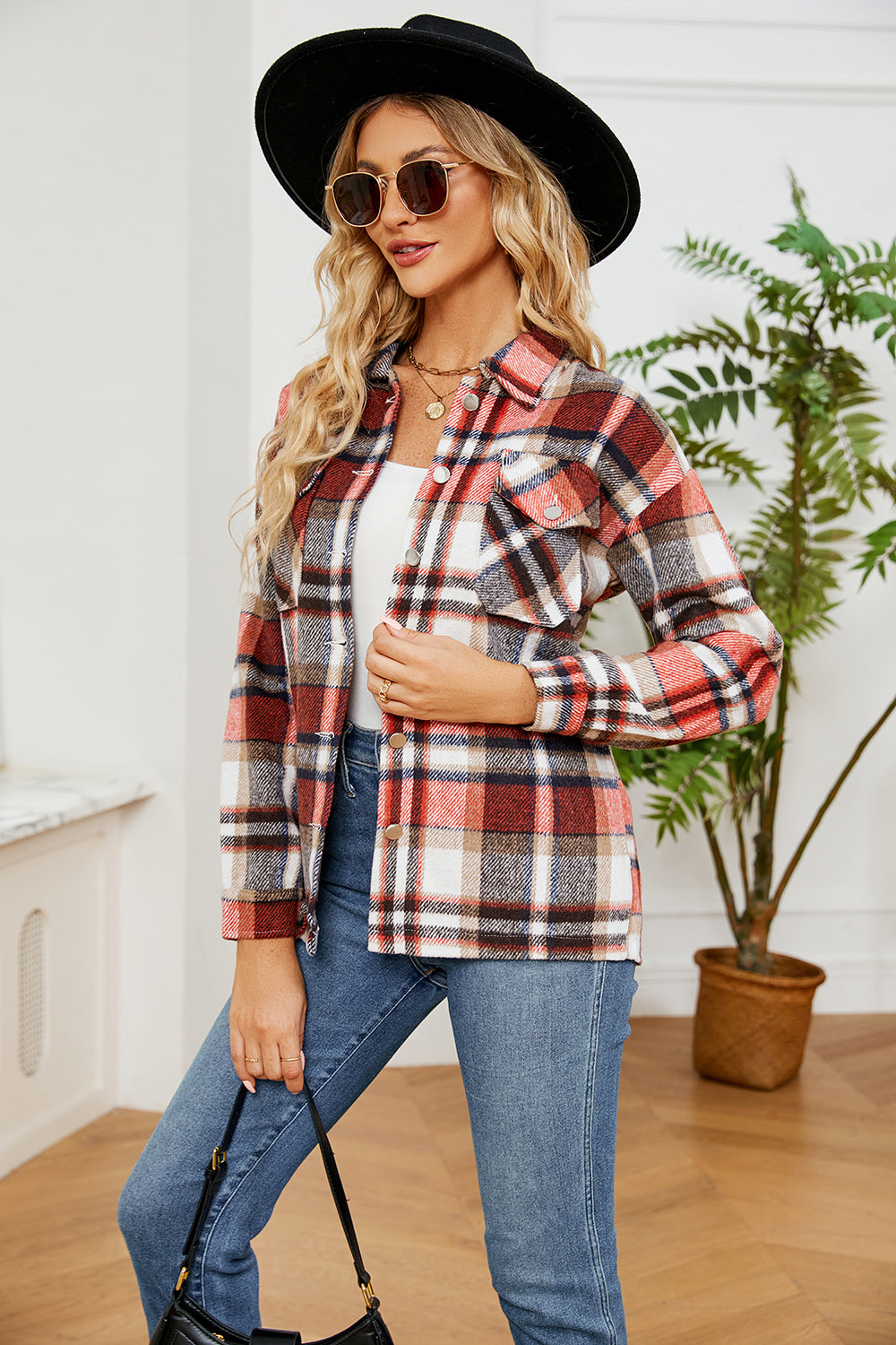 Button Down Collared Plaid Shacket