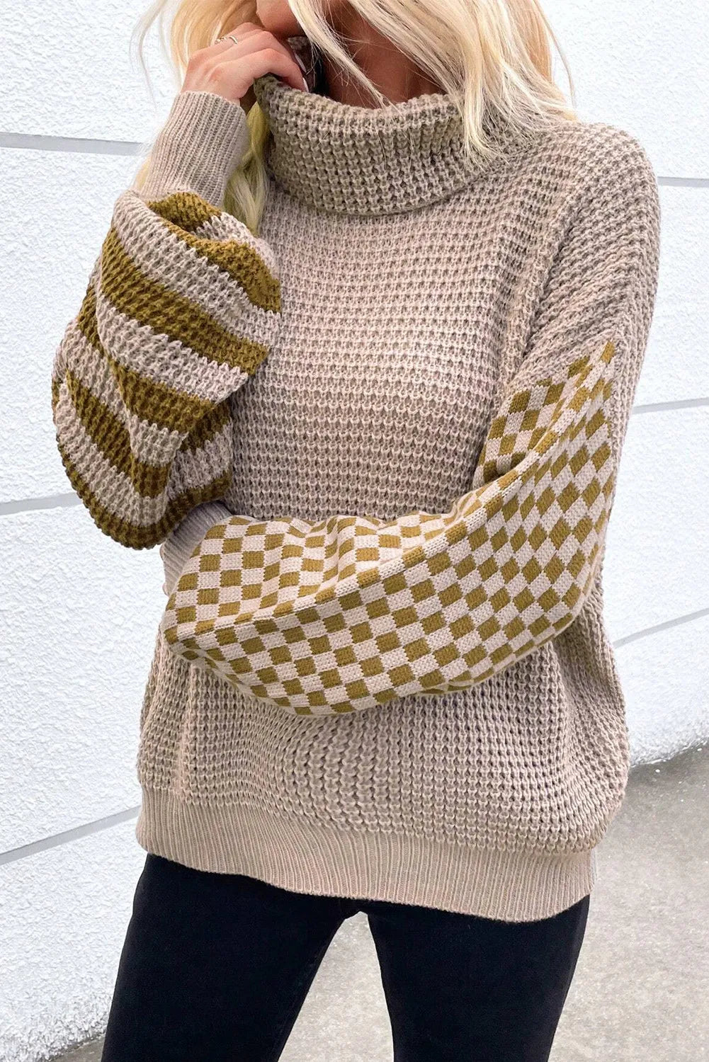 Checkered Striped Turtleneck Long Sleeve Sweater