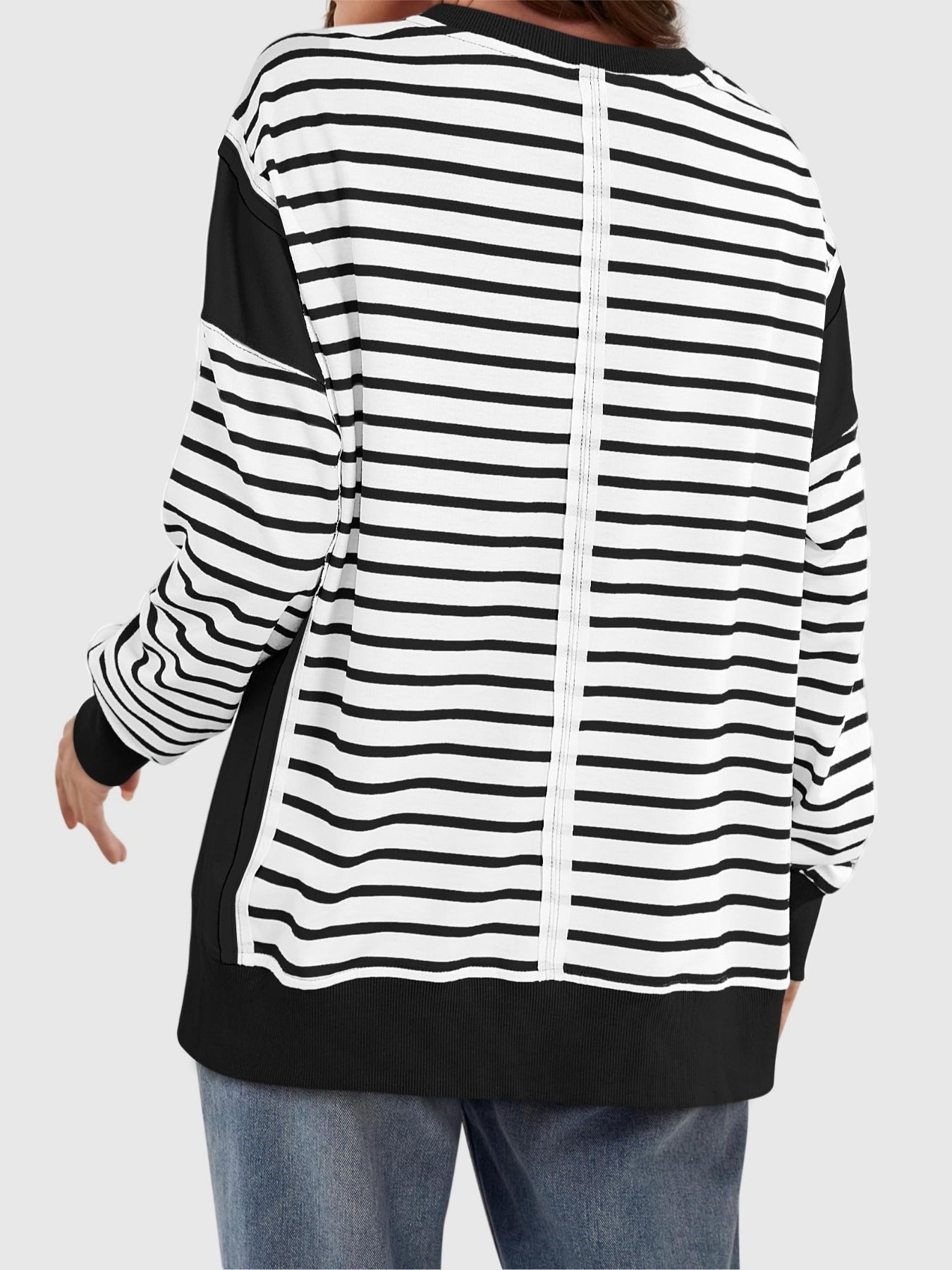 Slit Exposed Seam Striped Long Sleeve Sweatshirt